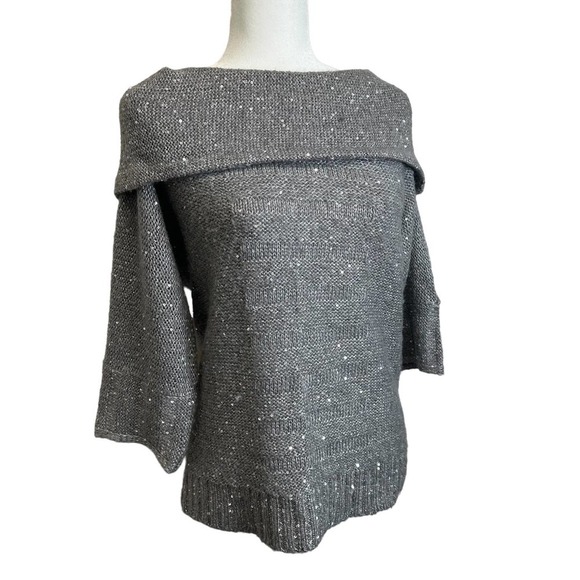 Chico's Sweaters - Chico’s Sweater Women’s sz. 0 (SMALL) Gray Sequined‎ Cowl Neck 1/2 Sleeve